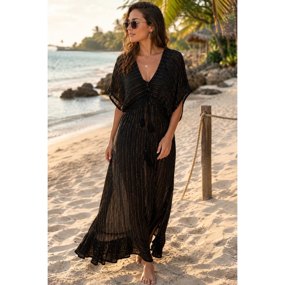 Gibson Latimer Black Gold Metallic Stripe Maxi Dress Kaftan Boho Tassel Medium